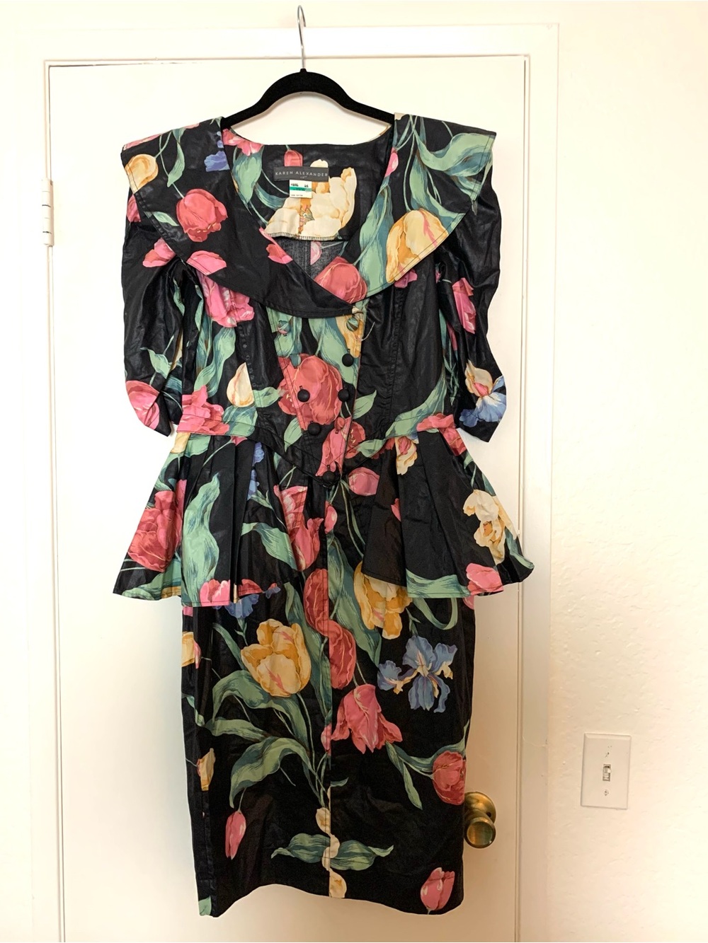 Vintage Karen Alexander Floral Tulip Peplum Corset Dress Black Pink